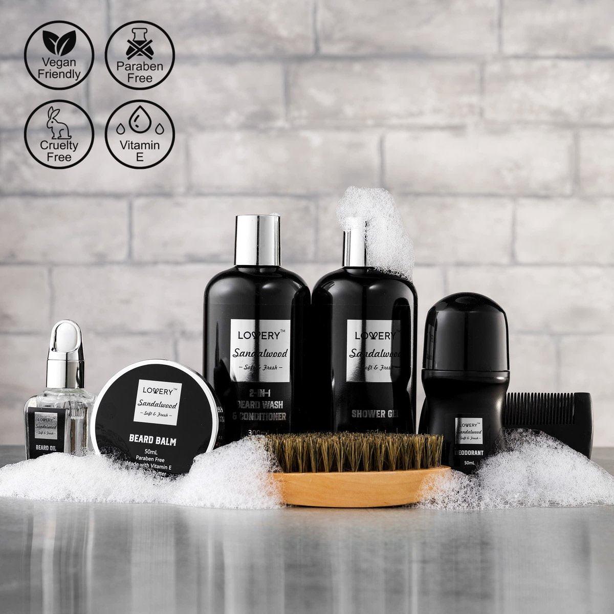 Geschenke für Männer, Valentinstagsgeschenk für Ihn – Körperpflege-Set mit Bartpflege, Sandelholz-Spa-Korb, Bade- und Bartpflegeset für Ehemann, Papa, Bartbalsam-Öl