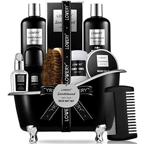 Geschenke für Männer, Valentinstagsgeschenk für Ihn – Körperpflege-Set mit Bartpflege, Sandelholz-Spa-Korb, Bade- und Bartpflegeset für Ehemann, Papa, Bartbalsam-Öl
