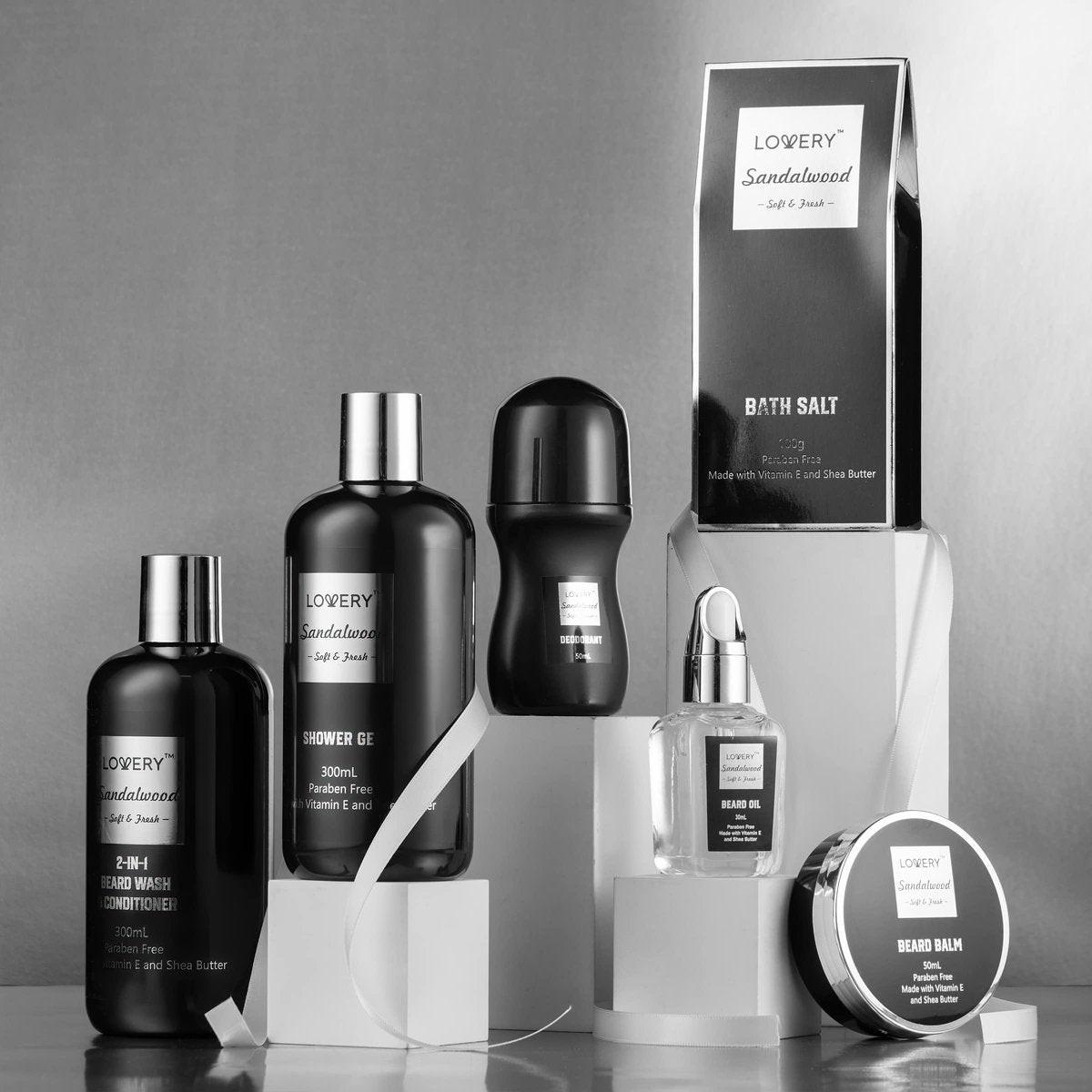 Geschenke für Männer, Valentinstagsgeschenk für Ihn – Körperpflege-Set mit Bartpflege, Sandelholz-Spa-Korb, Bade- und Bartpflegeset für Ehemann, Papa, Bartbalsam-Öl