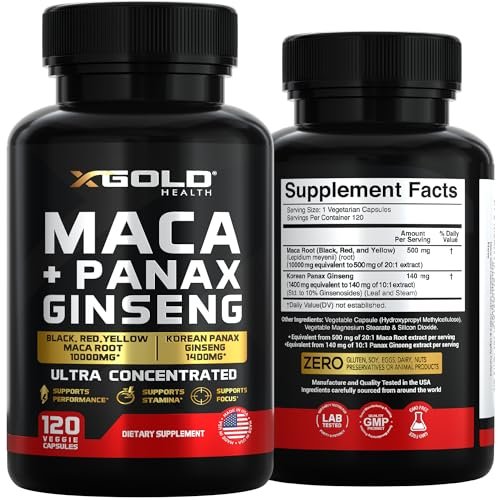 Maca-Wurzel-Kapseln 20:1 Extrakt + Koreanischer Panax Ginseng 10:1 Extrakt - 20-fach konzentrierte schwarze + rote + gelbe Maca-Wurzel, 10-fach konzentrierte Panax-Ginseng-Kapseln - ultra potent & hochrein
