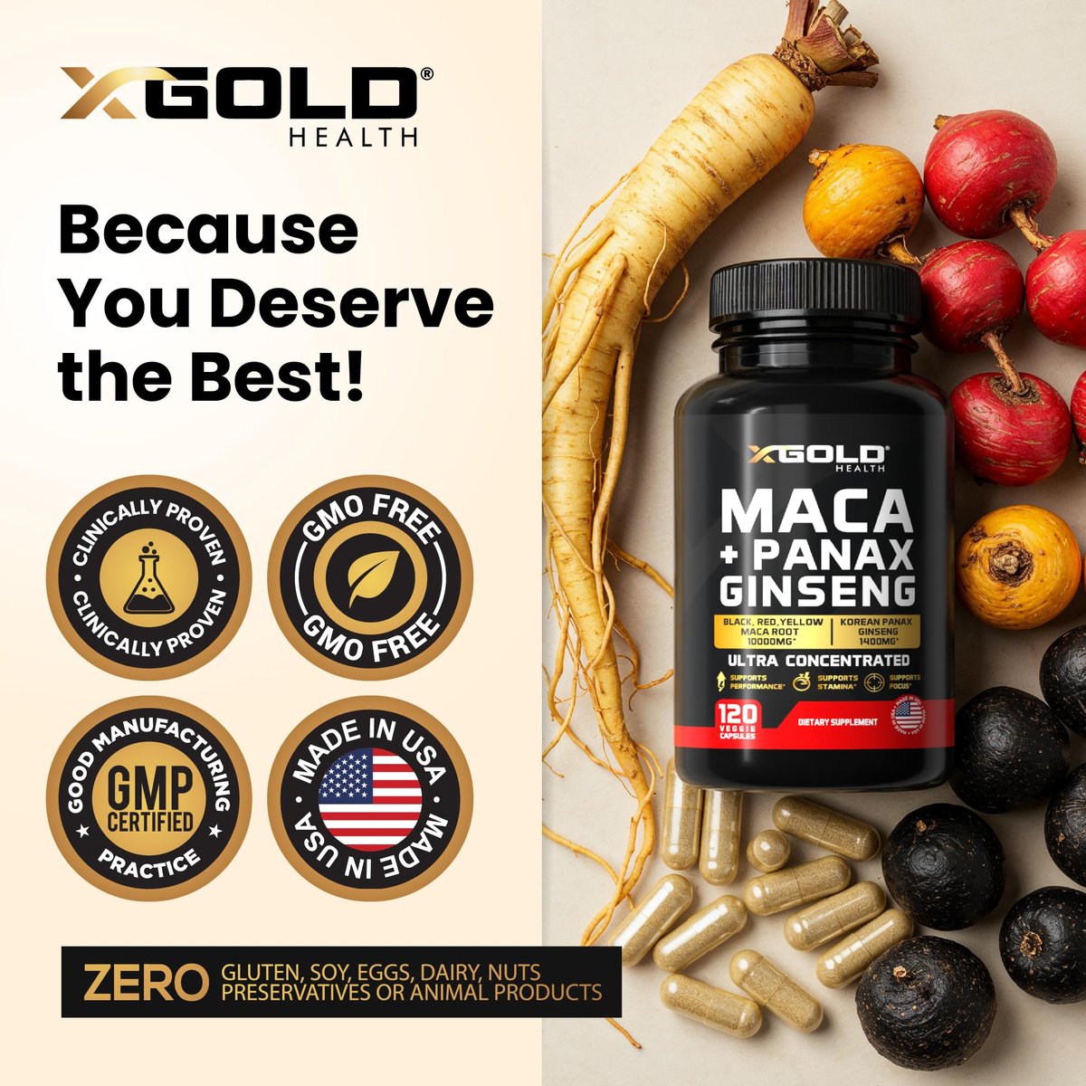 Maca-Wurzel-Kapseln 20:1 Extrakt + Koreanischer Panax Ginseng 10:1 Extrakt - 20-fach konzentrierte schwarze + rote + gelbe Maca-Wurzel, 10-fach konzentrierte Panax-Ginseng-Kapseln - ultra potent & hochrein
