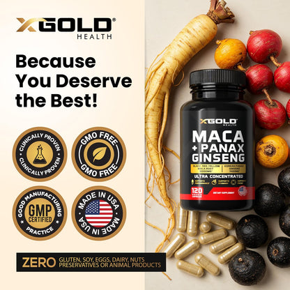 Maca-Wurzel-Kapseln 20:1 Extrakt + Koreanischer Panax Ginseng 10:1 Extrakt - 20-fach konzentrierte schwarze + rote + gelbe Maca-Wurzel, 10-fach konzentrierte Panax-Ginseng-Kapseln - ultra potent & hochrein