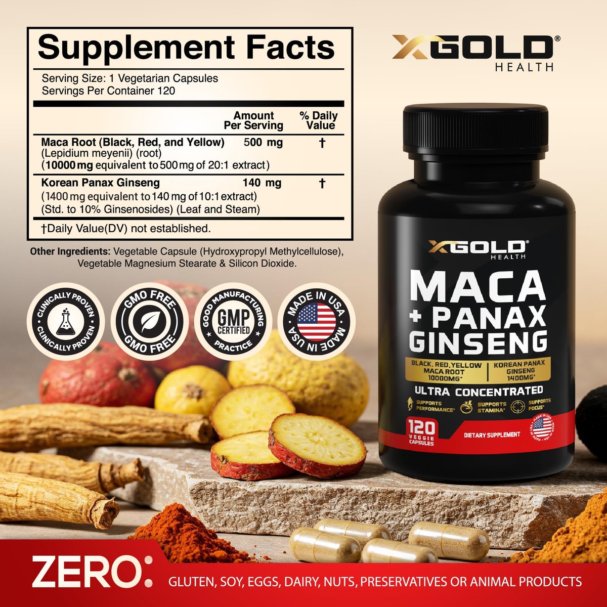 Maca-Wurzel-Kapseln 20:1 Extrakt + Koreanischer Panax Ginseng 10:1 Extrakt - 20-fach konzentrierte schwarze + rote + gelbe Maca-Wurzel, 10-fach konzentrierte Panax-Ginseng-Kapseln - ultra potent & hochrein