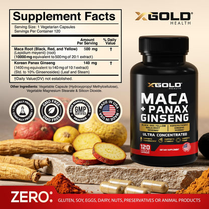 Maca-Wurzel-Kapseln 20:1 Extrakt + Koreanischer Panax Ginseng 10:1 Extrakt - 20-fach konzentrierte schwarze + rote + gelbe Maca-Wurzel, 10-fach konzentrierte Panax-Ginseng-Kapseln - ultra potent & hochrein