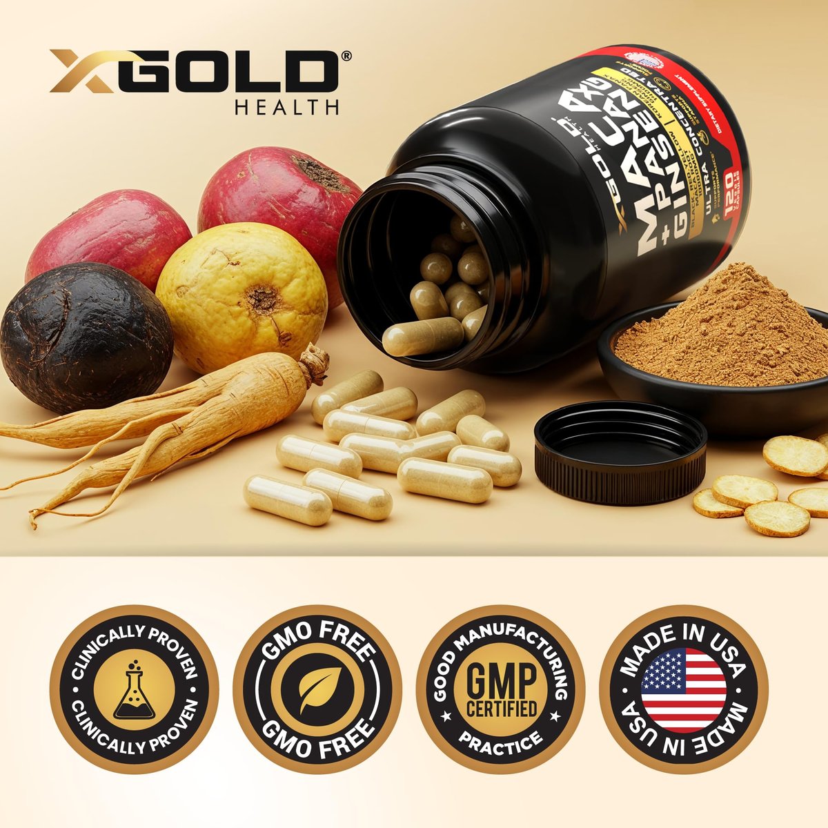 Maca-Wurzel-Kapseln 20:1 Extrakt + Koreanischer Panax Ginseng 10:1 Extrakt - 20-fach konzentrierte schwarze + rote + gelbe Maca-Wurzel, 10-fach konzentrierte Panax-Ginseng-Kapseln - ultra potent & hochrein