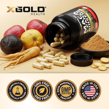 Maca-Wurzel-Kapseln 20:1 Extrakt + Koreanischer Panax Ginseng 10:1 Extrakt - 20-fach konzentrierte schwarze + rote + gelbe Maca-Wurzel, 10-fach konzentrierte Panax-Ginseng-Kapseln - ultra potent & hochrein