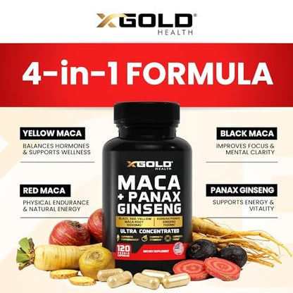 Maca-Wurzel-Kapseln 20:1 Extrakt + Koreanischer Panax Ginseng 10:1 Extrakt - 20-fach konzentrierte schwarze + rote + gelbe Maca-Wurzel, 10-fach konzentrierte Panax-Ginseng-Kapseln - ultra potent & hochrein