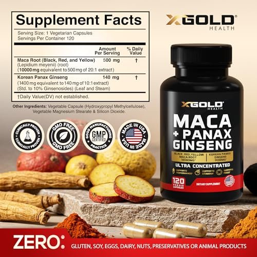 Maca-Wurzel-Kapseln 20:1 Extrakt + Koreanischer Panax Ginseng 10:1 Extrakt - 20-fach konzentrierte schwarze + rote + gelbe Maca-Wurzel, 10-fach konzentrierte Panax-Ginseng-Kapseln - ultra potent & hochrein