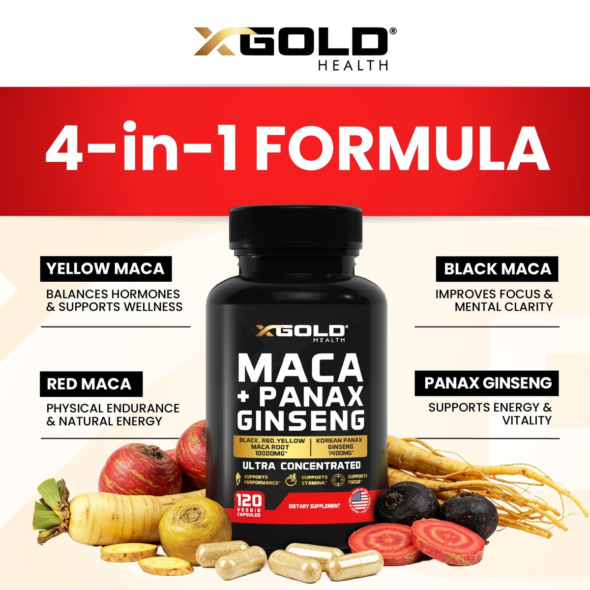 Maca-Wurzel-Kapseln 20:1 Extrakt + Koreanischer Panax Ginseng 10:1 Extrakt - 20-fach konzentrierte schwarze + rote + gelbe Maca-Wurzel, 10-fach konzentrierte Panax-Ginseng-Kapseln - ultra potent & hochrein