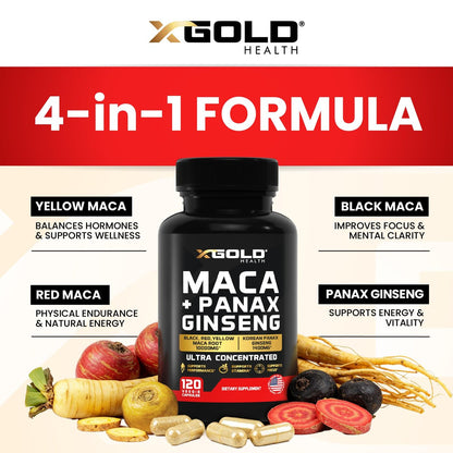Maca-Wurzel-Kapseln 20:1 Extrakt + Koreanischer Panax Ginseng 10:1 Extrakt - 20-fach konzentrierte schwarze + rote + gelbe Maca-Wurzel, 10-fach konzentrierte Panax-Ginseng-Kapseln - ultra potent & hochrein