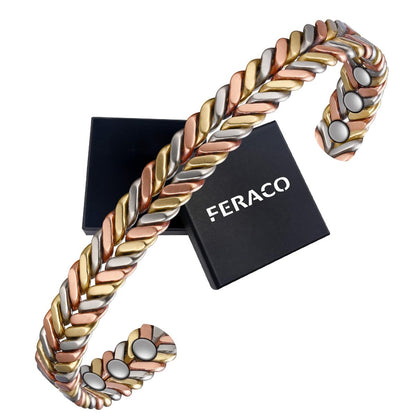 Feraco Armband aus reinem Kupfer für Damen – Ultrastarkes Magnetarmband mit Neodym-Magneten, 99,99% Kupfer, dreifarbig geflochten