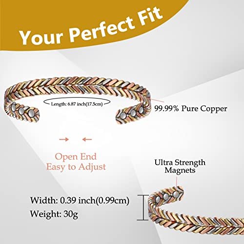 Feraco Armband aus reinem Kupfer für Damen – Ultrastarkes Magnetarmband mit Neodym-Magneten, 99,99% Kupfer, dreifarbig geflochten