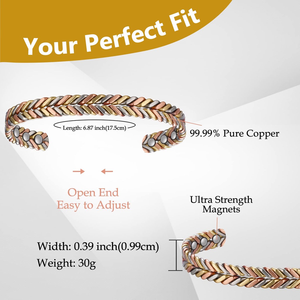 Feraco Armband aus reinem Kupfer für Damen – Ultrastarkes Magnetarmband mit Neodym-Magneten, 99,99% Kupfer, dreifarbig geflochten
