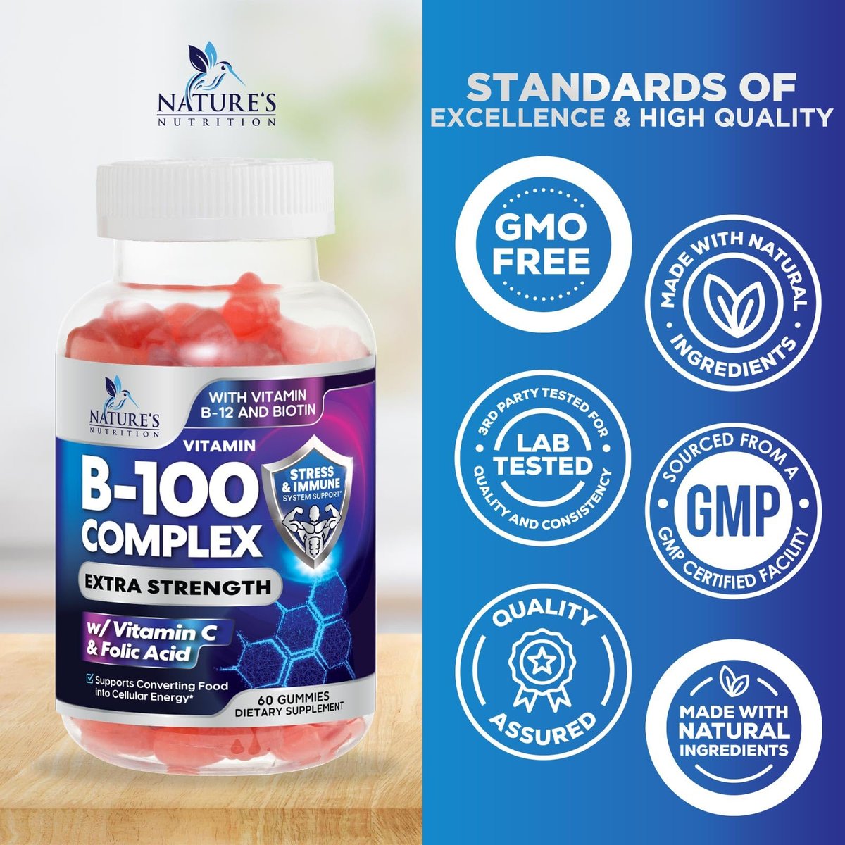 Vitamin B Komplex Gummis - Extra starke Super B Vitamin Gummis mit Vitamin C, Immununterstützung für Männer & Frauen - Energie- und Gehirnunterstützung mit Folsäure, Niacin, B6, B12 - 60 Gummis