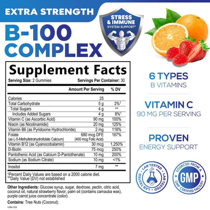 Vitamin B Komplex Gummis - Extra starke Super B Vitamin Gummis mit Vitamin C, Immununterstützung für Männer & Frauen - Energie- und Gehirnunterstützung mit Folsäure, Niacin, B6, B12 - 60 Gummis
