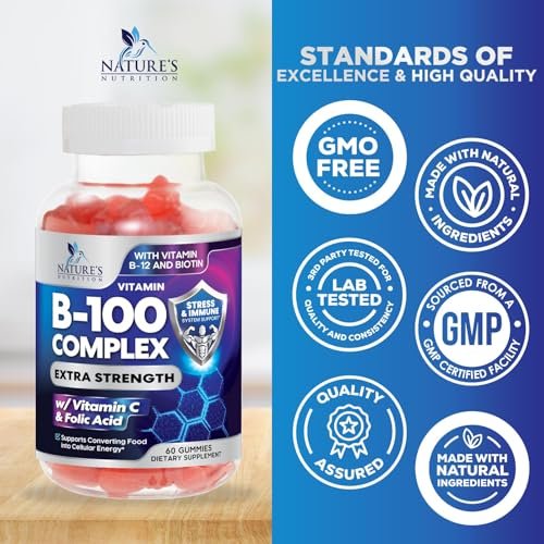 Vitamin B Komplex Gummis - Extra starke Super B Vitamin Gummis mit Vitamin C, Immununterstützung für Männer & Frauen - Energie- und Gehirnunterstützung mit Folsäure, Niacin, B6, B12 - 60 Gummis