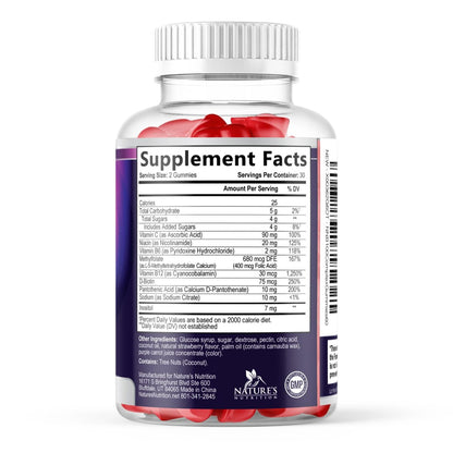 Vitamin B Komplex Gummis - Extra starke Super B Vitamin Gummis mit Vitamin C, Immununterstützung für Männer & Frauen - Energie- und Gehirnunterstützung mit Folsäure, Niacin, B6, B12 - 60 Gummis
