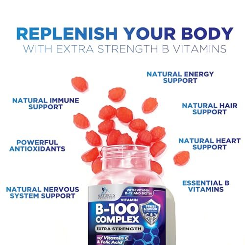Vitamin B Komplex Gummis - Extra starke Super B Vitamin Gummis mit Vitamin C, Immununterstützung für Männer & Frauen - Energie- und Gehirnunterstützung mit Folsäure, Niacin, B6, B12 - 60 Gummis