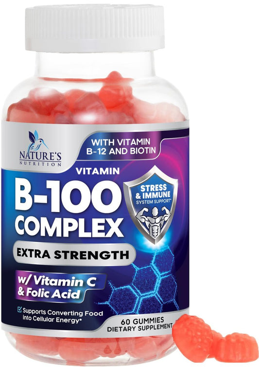 Vitamin B Komplex Gummis - Extra starke Super B Vitamin Gummis mit Vitamin C, Immununterstützung für Männer & Frauen - Energie- und Gehirnunterstützung mit Folsäure, Niacin, B6, B12 - 60 Gummis