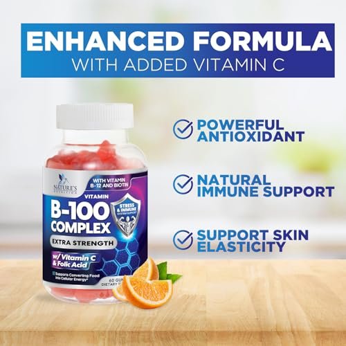 Vitamin B Komplex Gummis - Extra starke Super B Vitamin Gummis mit Vitamin C, Immununterstützung für Männer & Frauen - Energie- und Gehirnunterstützung mit Folsäure, Niacin, B6, B12 - 60 Gummis