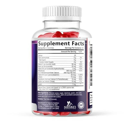 Vitamin B Komplex Gummis - Extra starke Super B Vitamin Gummis mit Vitamin C, Immununterstützung für Männer & Frauen - Energie- und Gehirnunterstützung mit Folsäure, Niacin, B6, B12 - 60 Gummis