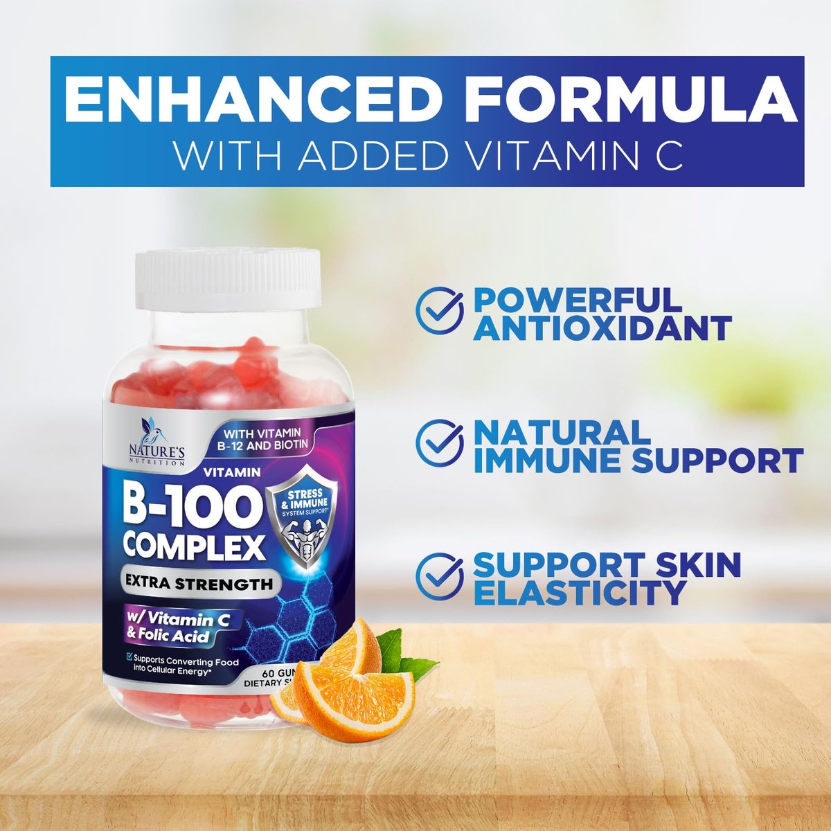 Vitamin B Komplex Gummis - Extra starke Super B Vitamin Gummis mit Vitamin C, Immununterstützung für Männer & Frauen - Energie- und Gehirnunterstützung mit Folsäure, Niacin, B6, B12 - 60 Gummis