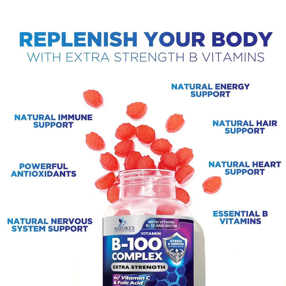 Vitamin B Komplex Gummis - Extra starke Super B Vitamin Gummis mit Vitamin C, Immununterstützung für Männer & Frauen - Energie- und Gehirnunterstützung mit Folsäure, Niacin, B6, B12 - 60 Gummis