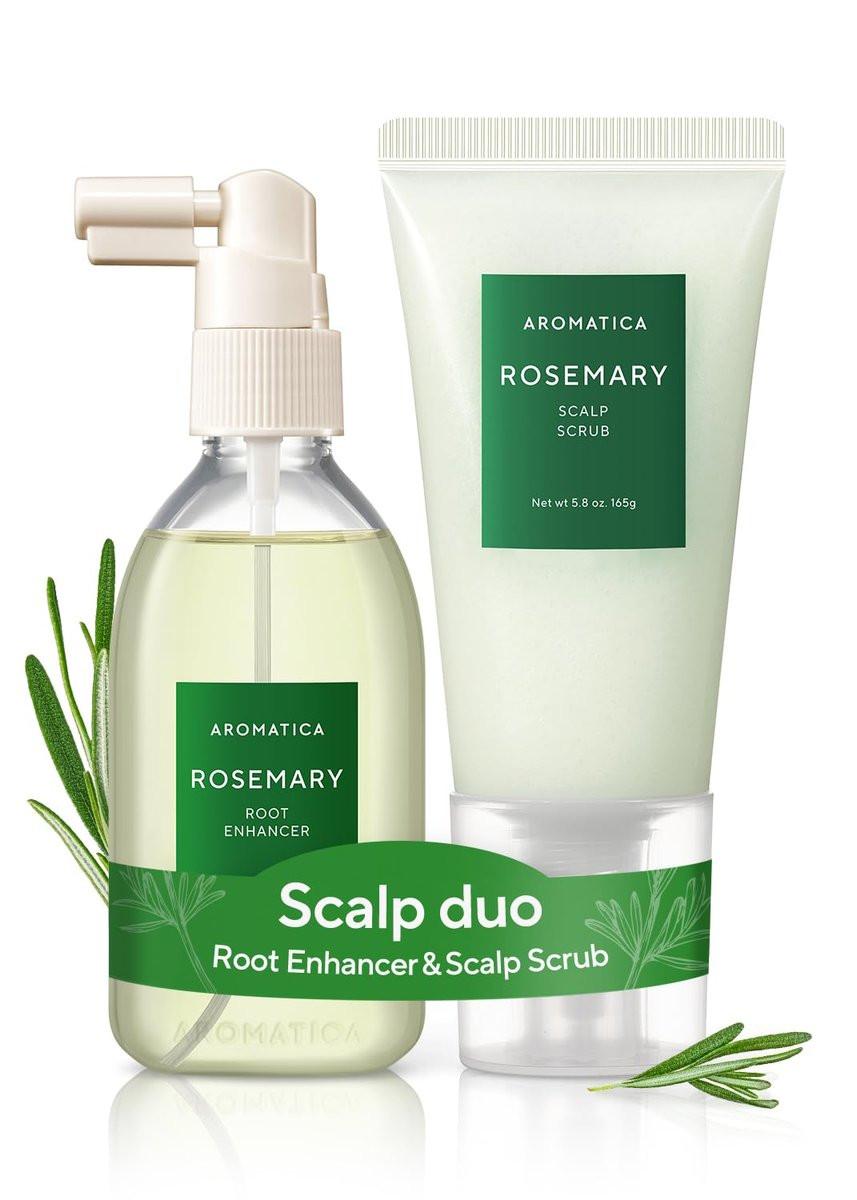 AROMATICA Rosemary Root Enhancer & Scalp Scrub Set – Rosmarinwasser Spray & Peeling für trockene Kopfhaut, koreanische Haarpflege