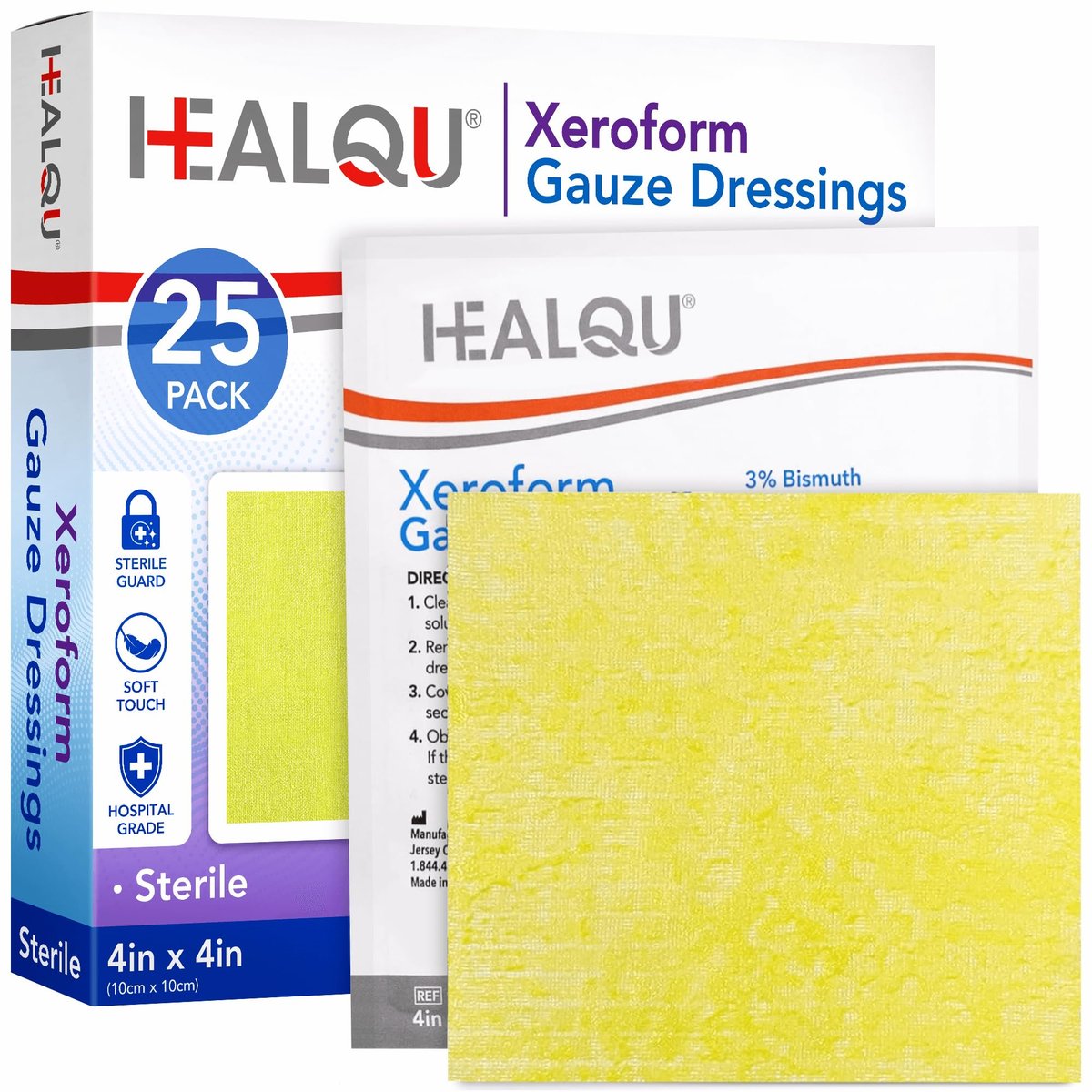 HEALQU Medical Xeroform Petrolatum-Wundauflage 4x4 - 25 Stück - nicht haftende Gaze-Kompresse für schwach exsudierende Wunden - feinmaschiges Gaze-Pflaster steril für Wundversorgung, Schürfwunden, Verbrennungen & Hauttransplantate