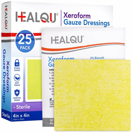 HEALQU Medical Xeroform Petrolatum-Wundauflage 4x4 - 25 Stück - nicht haftende Gaze-Kompresse für schwach exsudierende Wunden - feinmaschiges Gaze-Pflaster steril für Wundversorgung, Schürfwunden, Verbrennungen & Hauttransplantate