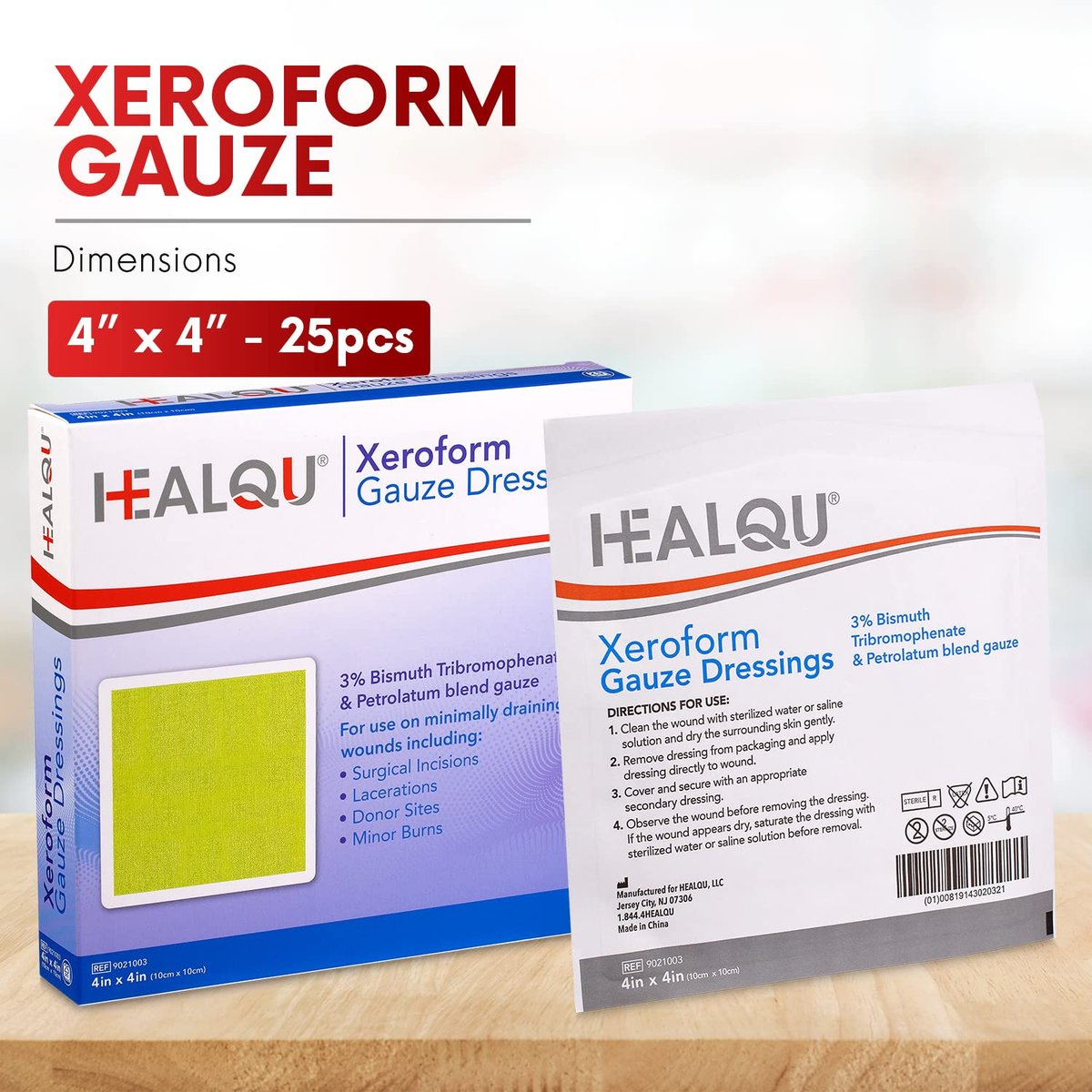 HEALQU Medical Xeroform Petrolatum-Wundauflage 4x4 - 25 Stück - nicht haftende Gaze-Kompresse für schwach exsudierende Wunden - feinmaschiges Gaze-Pflaster steril für Wundversorgung, Schürfwunden, Verbrennungen & Hauttransplantate