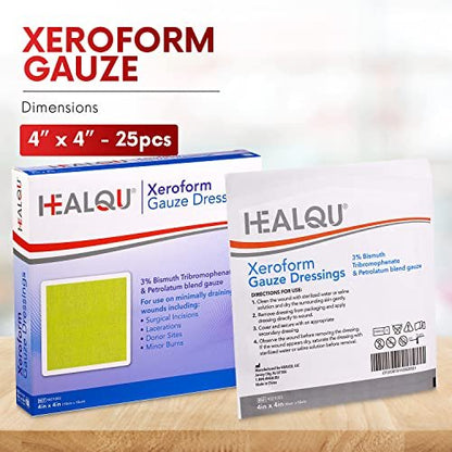 HEALQU Medical Xeroform Petrolatum-Wundauflage 4x4 - 25 Stück - nicht haftende Gaze-Kompresse für schwach exsudierende Wunden - feinmaschiges Gaze-Pflaster steril für Wundversorgung, Schürfwunden, Verbrennungen & Hauttransplantate