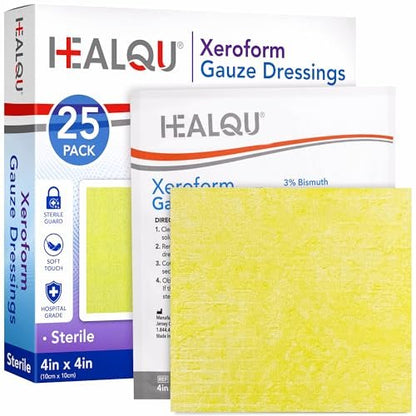 HEALQU Medical Xeroform Petrolatum-Wundauflage 4x4 - 25 Stück - nicht haftende Gaze-Kompresse für schwach exsudierende Wunden - feinmaschiges Gaze-Pflaster steril für Wundversorgung, Schürfwunden, Verbrennungen & Hauttransplantate