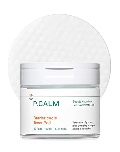 P.CALM Barrier Cycle Toner Pad – 60 Pads mit Centella Asiatica & Papaya Extrakt für beruhigende, feuchtigkeitsspendende & peelende Wirkung, koreanische vegane Gesichtstoner-Pads für empfindliche Haut (160 ml / 5,41 fl.oz)