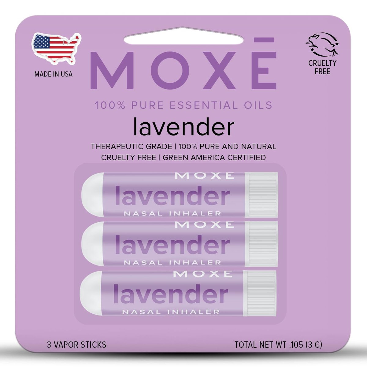 MOXĒ Lavendel Öl Naseninhalator, 3er Pack – Aromatherapie ohne Sauerei, natürlich beruhigend, pure & unverdünnt, hergestellt in USA