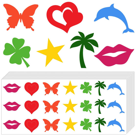 210-teiliges Bräunungs-Sticker-Set für Körper, Sonnen-Tattoo-Aufkleber für Sonnenbank, selbstklebende Körper-Dekorationen für Outdoor – Herzen, Lippen, Schmetterlinge, Delfine