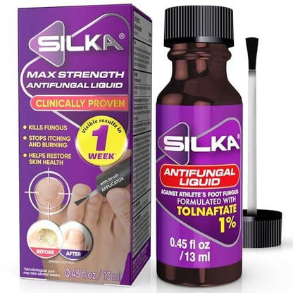 SILKA Max Strength Antifungal Liquid für gesunde Nägel mit Pinselapplikator - Ergebnisse in 1 Woche, Nagelpilzbehandlung für geschädigte Zehennägel, Fußpilzbehandlung, Tolnaftat 1% 0,45 Fl Oz