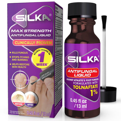 SILKA Max Strength Antifungal Liquid für gesunde Nägel mit Pinselapplikator - Ergebnisse in 1 Woche, Nagelpilzbehandlung für geschädigte Zehennägel, Fußpilzbehandlung, Tolnaftat 1% 0,45 Fl Oz