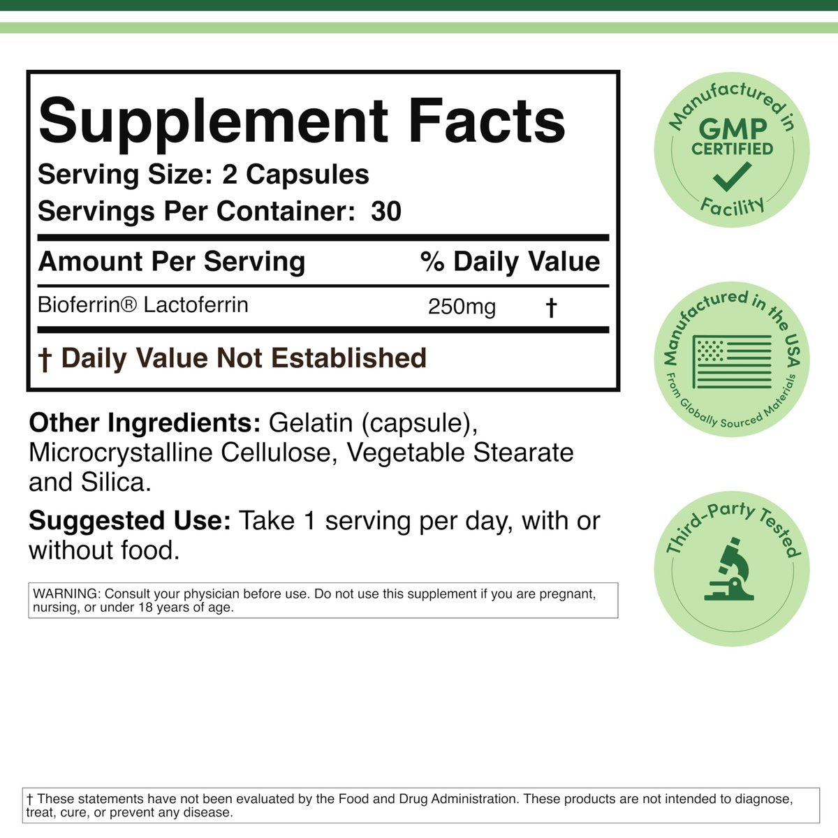Lactoferrin 250mg pro Portion (60 Kapseln) - Patentiertes Bioferrin Lactoferrin - Hochwertiges Eisenpräparat für Eisenmangel und Immununterstützung von Double Wood Supplements
