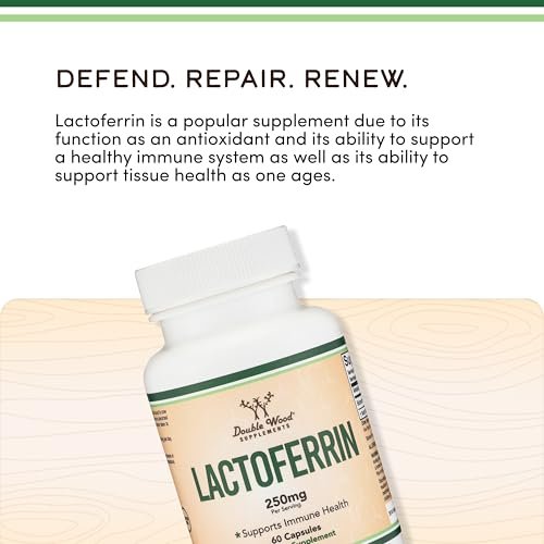 Lactoferrin 250mg pro Portion (60 Kapseln) - Patentiertes Bioferrin Lactoferrin - Hochwertiges Eisenpräparat für Eisenmangel und Immununterstützung von Double Wood Supplements