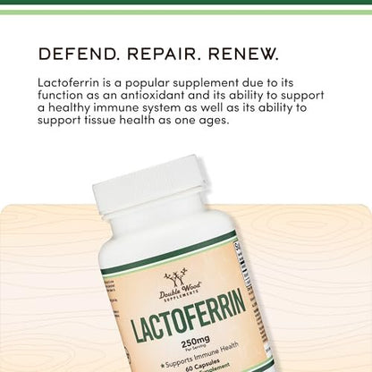 Lactoferrin 250mg pro Portion (60 Kapseln) - Patentiertes Bioferrin Lactoferrin - Hochwertiges Eisenpräparat für Eisenmangel und Immununterstützung von Double Wood Supplements