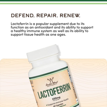 Lactoferrin 250mg pro Portion (60 Kapseln) - Patentiertes Bioferrin Lactoferrin - Hochwertiges Eisenpräparat für Eisenmangel und Immununterstützung von Double Wood Supplements