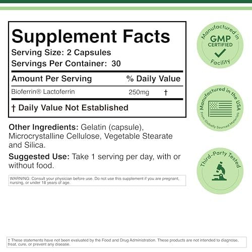Lactoferrin 250mg pro Portion (60 Kapseln) - Patentiertes Bioferrin Lactoferrin - Hochwertiges Eisenpräparat für Eisenmangel und Immununterstützung von Double Wood Supplements