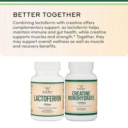 Lactoferrin 250mg pro Portion (60 Kapseln) - Patentiertes Bioferrin Lactoferrin - Hochwertiges Eisenpräparat für Eisenmangel und Immununterstützung von Double Wood Supplements