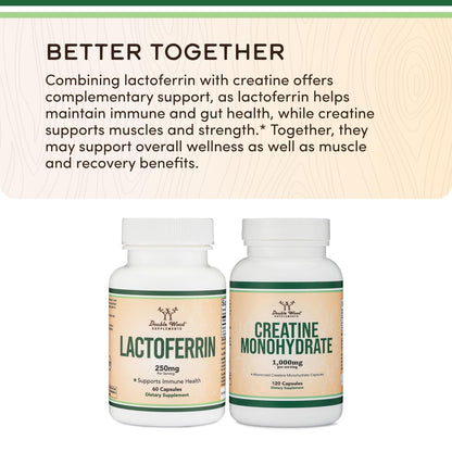 Lactoferrin 250mg pro Portion (60 Kapseln) - Patentiertes Bioferrin Lactoferrin - Hochwertiges Eisenpräparat für Eisenmangel und Immununterstützung von Double Wood Supplements