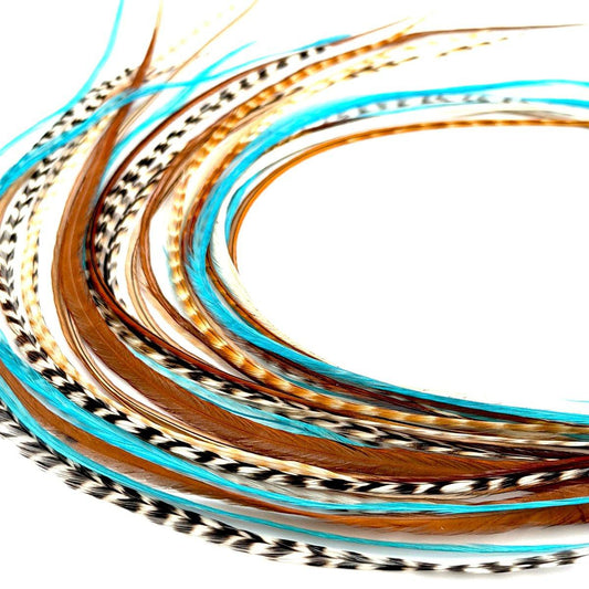 21 Natur- & Türkisfarbene Federhaarverlängerungen – 9–14 Zoll lang – DIY Hahn-Kit mit 20 Mikro-Link-Perlen – 100% echte Federn – Blickfang im Boho-Stil