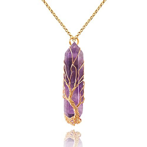 VIBILIA Heilender Kristall-Anhänger Baum des Lebens – Amethyst-Stein-Anhänger aus natürlichem Hexagon-Quarz, Reiki-Spiritual-Schmuck für Frauen und Männer