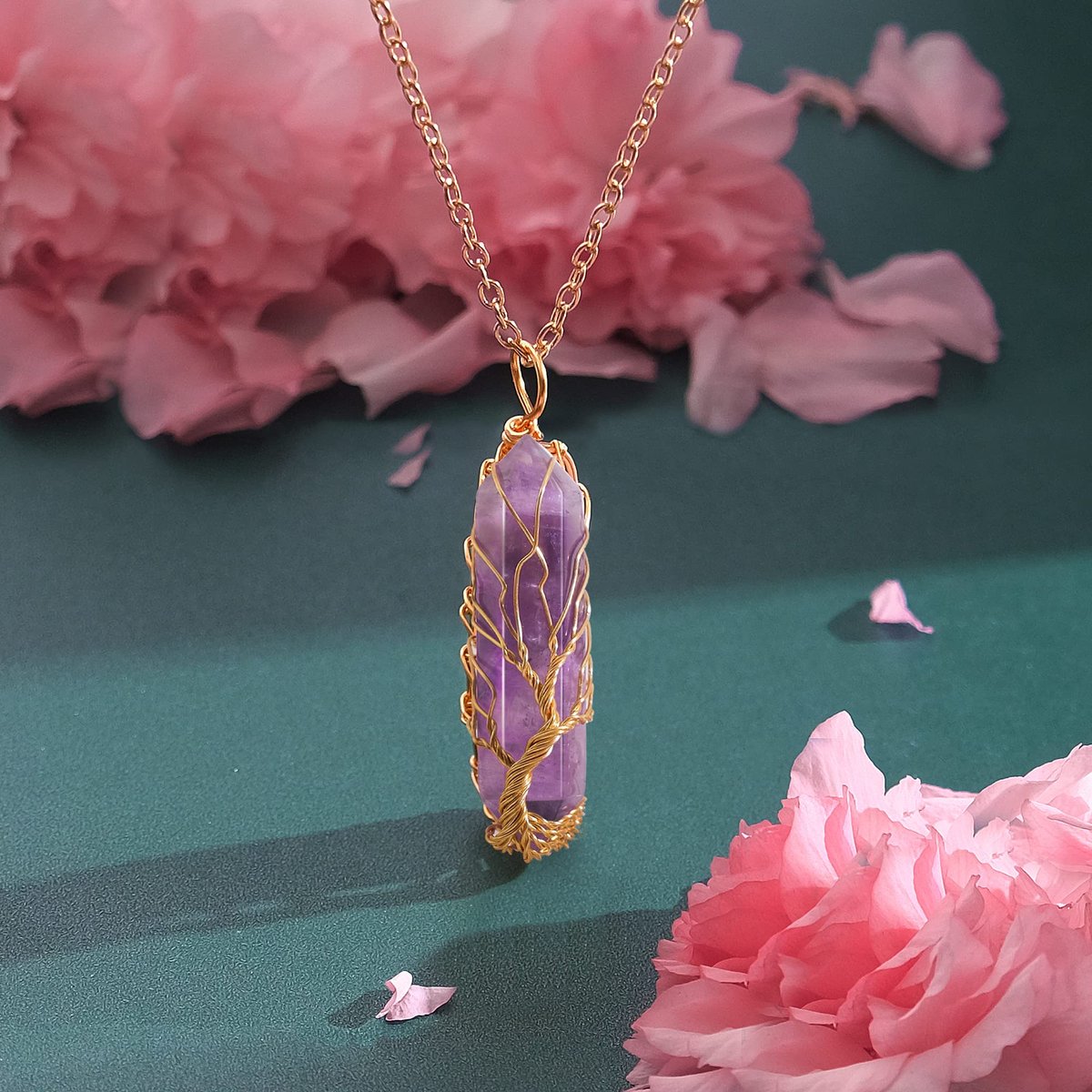 VIBILIA Heilender Kristall-Anhänger Baum des Lebens – Amethyst-Stein-Anhänger aus natürlichem Hexagon-Quarz, Reiki-Spiritual-Schmuck für Frauen und Männer
