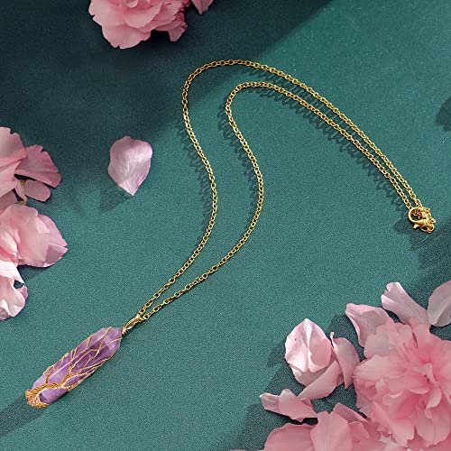 VIBILIA Heilender Kristall-Anhänger Baum des Lebens – Amethyst-Stein-Anhänger aus natürlichem Hexagon-Quarz, Reiki-Spiritual-Schmuck für Frauen und Männer