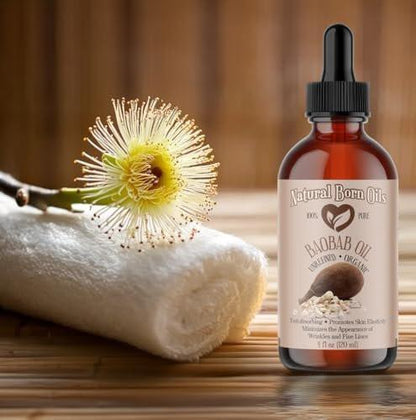 Natural Born Oils 100% reines Bio-Baobaböl 4oz – Kaltgepresst, unraffiniert, nicht komedogen, feuchtigkeitsspendend, inklusive Pumpe & Pipette